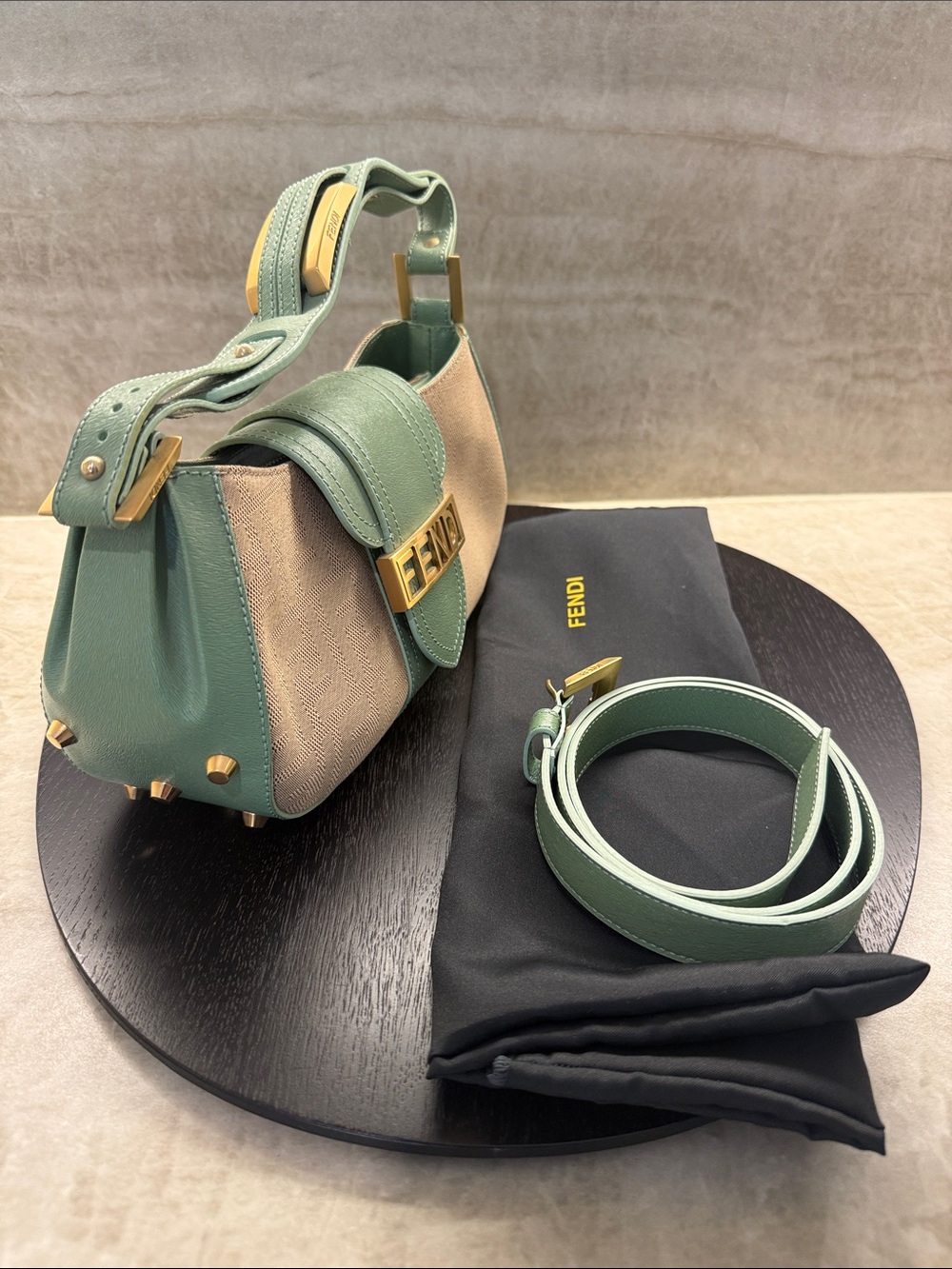 Fendi Zucca Mint Green and Beige Canvas Leather Baguette Shoulder Bag with Belt - Picture 4 of 9